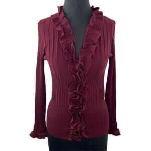 Anne Fontaine Wool Burgundy Red Ruffle Front Button-Up Cardigan Sweater 40 XS